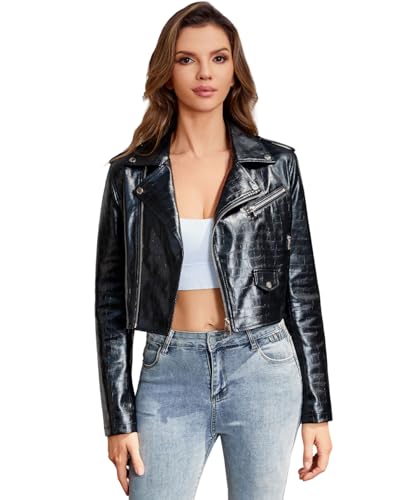 DIASHINY Damen Cropped Lederjacke Kunstleder Krokodilleder Biker Moto Motorrad Fit Slim Jacke, 146 Schwarz, Medium von DIASHINY