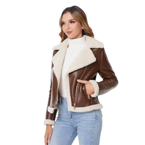 DIASHINY Frauen Faux Scheren Pelz Wintermantel Warme Dicke Pelz Gefütterte Kunstlederjacke (039 Braun,L) von DIASHINY
