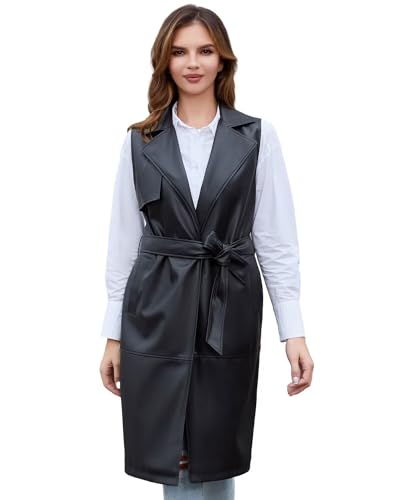 DIASHINY Kunstleder-Weste für Damen, langes Revers, ärmellos, drapiert, vorne offen, PU-Strickjacke, 122 Schwarz, X-Large von DIASHINY