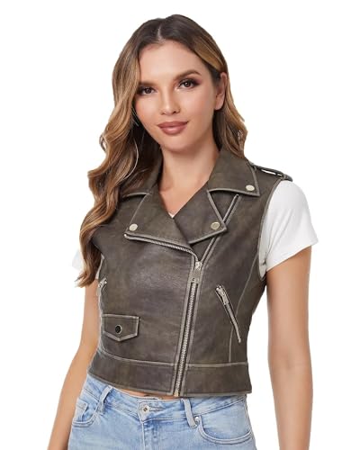 DIASHINY Kunstlederweste Damen Revers Ärmellos Moto Slim Fit PU Motorradweste Braun 065 L von DIASHINY