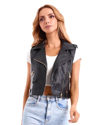 DIASHINY Kurze Kunstlederweste für Damen Slim Revers Ärmellos Biker Slim Fit PU Ärmellose Lederjacke Motorradweste 046 L von DIASHINY