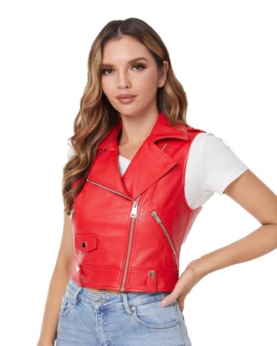 DIASHINY Kurze Kunstlederweste für Damen Slim Revers Ärmellos Biker Slim Fit PU Ärmellose Lederjacke Motorradweste Rote 046 M von DIASHINY