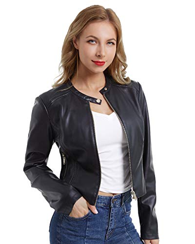 DIASHINY Kurze schwarze Kunstleder-Motorradjacke für Damen, Bikermantel mit Reißverschluss, PU-Motorrad-Outwear 047 S von DIASHINY