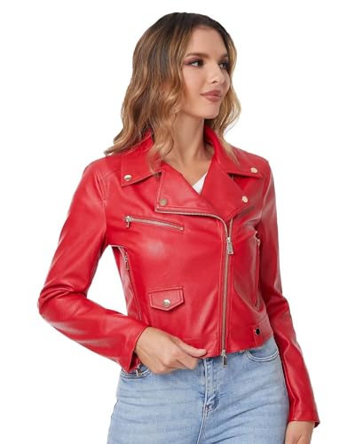 DIASHINY Rot Cropped Faux Lederjacke Für Damen PU Slim Zip Up Moto Biker Coat Motorrad Crop Short Jacket 013 M von DIASHINY