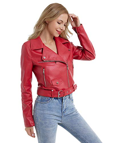 DIASHINY Rote Kunstlederjacke für Damen mit Gürtel PU Cropped Moto Biker Coat Motorrad Crop Short Jacket 036 L von DIASHINY