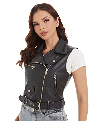DIASHINY Schwarze Kunstleder-Motorradweste für Damen mit Gürtelrevers PU-Motorradweste 060 L von DIASHINY