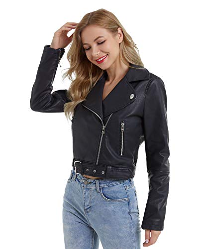 DIASHINY Schwarze Kunstlederjacke für Damen mit Gürtel PU Cropped Moto Biker Coat Motorrad Crop Short Jacket 036 L von DIASHINY