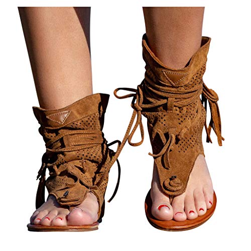 Damen Sommer Quaste Sandalen Mittelalter Europa Retro Bohemian Gladiator Fransen Zehentrenner Frauen Casual Hausschuhe Flip Flops Stiefeletten Strandschuhe rutschfeste Slipper Roman Tangasandalen von DIAU