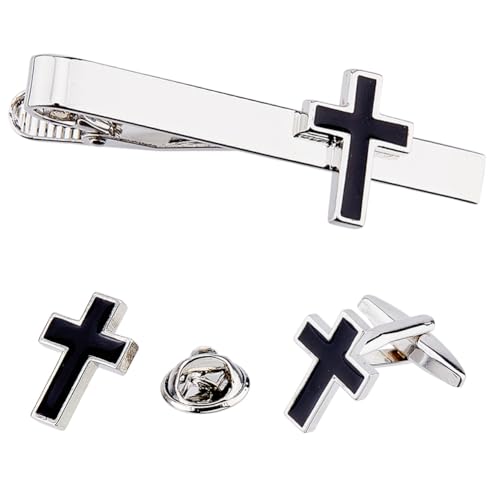 DICOSMETIC 1 Set Krawattenklammern mit Manschettenknöpfen und Broschen für Herren, inklusive 1 x Messing-Emaille-Kreuz-Krawattenklammer, 1 x schwarze coole Kreuz-Brosche und 2 x schwarze von DICOSMETIC