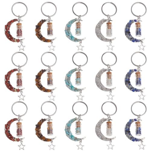 DICOSMETIC 15 Stück 5 Stile Edelstein Mond Schlüsselanhänger Halbmond Charme Schlüsselanhänger Kristall Chips Mond Anhänger Mit Glas Wunschglas Und Sternstein Schlüsselanhänger DICOSMETIC 15 Stück 5 Stile Edelstein Mond Schlüsselanhänger Halbmond Charme Schlüsselanhänger Kristall Chips Mond Anhänger Mit Glas Wunschglas Und Sternstein Schlüsselanhänger von DICOSMETIC