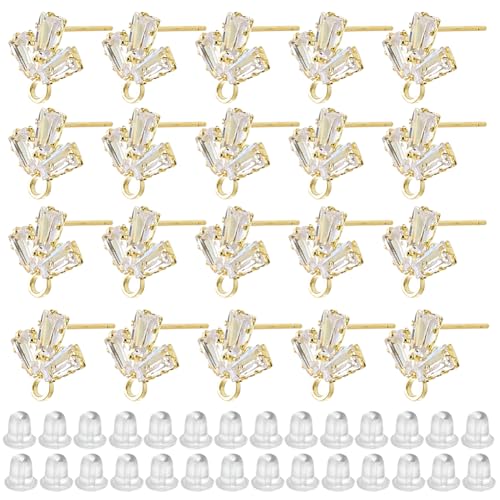 DICOSMETIC 20 Stück Cubic Zirkonia Blatt Ohrringe Funde Goldene Messing Blumen Ohrstecker Mit Schleife Strass Ohrringstecker Mit Ohrmuttern Für Schmuckherstellung Stift: 0.7mm von DICOSMETIC