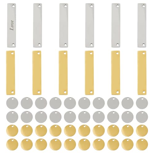 DICOSMETIC 52 Stück Blanko-Stempel-Anhänger, blanko, graviert, inklusive 12 rechteckigen Metallanhängern, horizontaler Messinganhänger, 40 flache runde Rohlinge, Namensschild-Anhänger für von DICOSMETIC