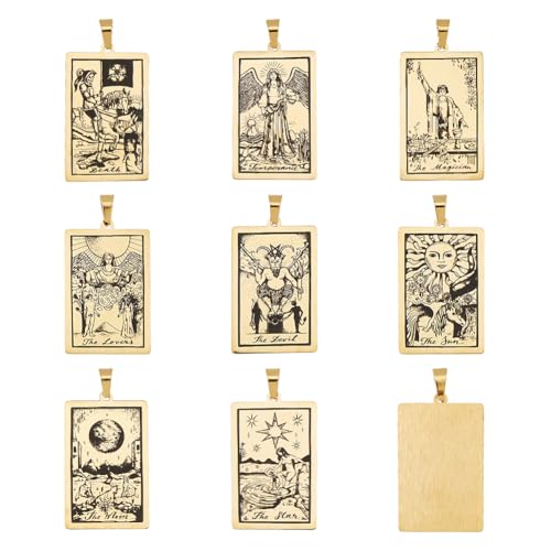 DICOSMETIC 8 Stile 8 Stück Goldene Tarot Anhänger Aus Edelstahl Rechteckige Kartenanhänger Glücksmondstern Todes Schutzanhänger Wahrsage Amulett Anhänger Mit Schmuckverschluss Für DIY Bastelarbeiten von DICOSMETIC