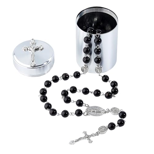 DICOSMETIC Schwarze Rosenkranzkette Mit Perlen 21.26 Zoll (54cm) Katholische Perlenrosenkranzkette Aus Legierung Mit Jesuskreuz Für Frauen Und Männer Mit 1 Stück Aluminium Aufbewahrungsglas von DICOSMETIC