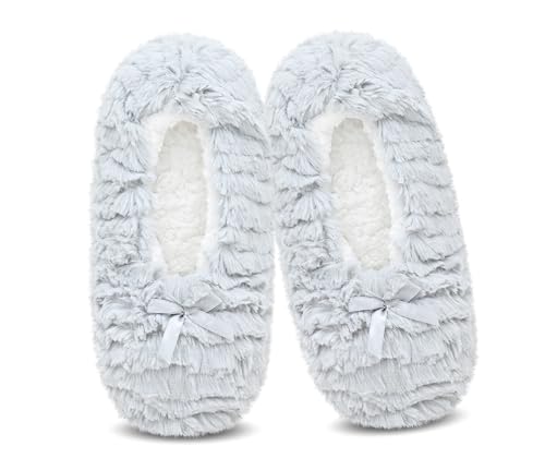 DICUIRD Gemütliche und warme Damen-Slipper-Socken mit weicher Sohle, flauschiges Fleece-Futter, rutschfeste Unterseite, Gray Shall, 5-7.5 von DICUIRD