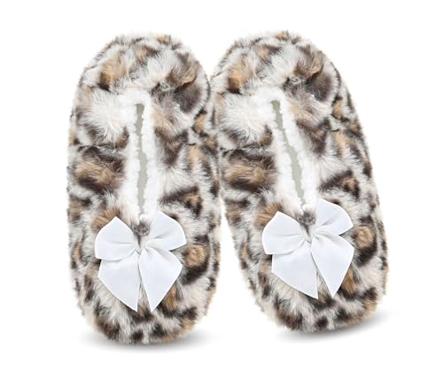 DICUIRD Gemütliche und warme Damen-Slipper-Socken mit weicher Sohle, flauschiges Fleece-Futter, rutschfeste Unterseite, Leopard, 5-7.5 von DICUIRD