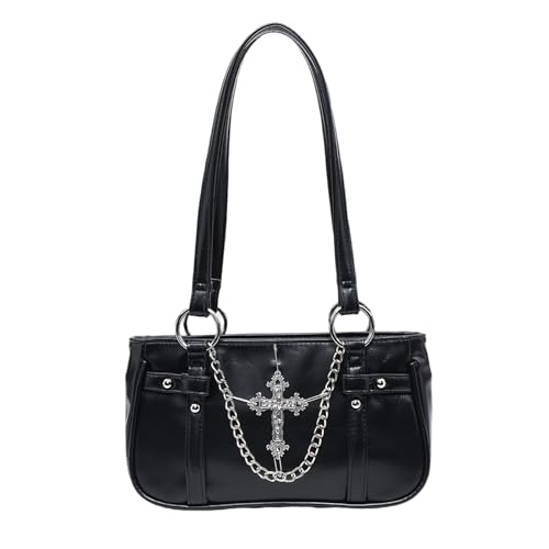 PU Punk Umhängetasche mit Legierung Kette Designs Unterarmtaschen Büro Handtasche Abend Geldbörse für Modebegeisterte Gothic Fashion Handtasche, Schwarz , One Size von DIDILLX