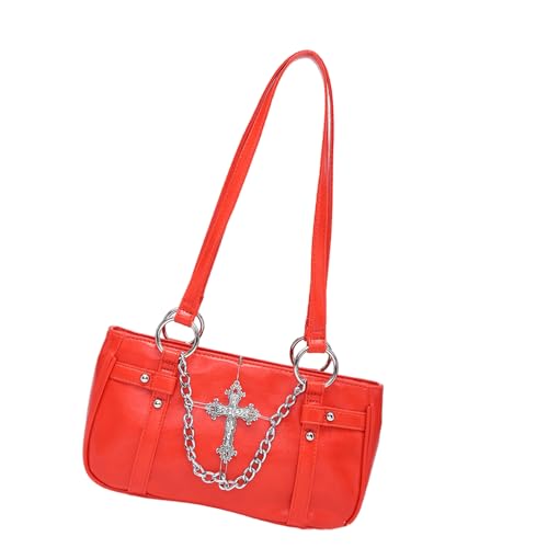 PU Punk Umhängetasche mit Legierung Kette Designs Unterarmtaschen Büro Handtasche Abend Geldbörse für Modebegeisterte Gothic Fashion Handtasche, rot, One Size von DIDILLX