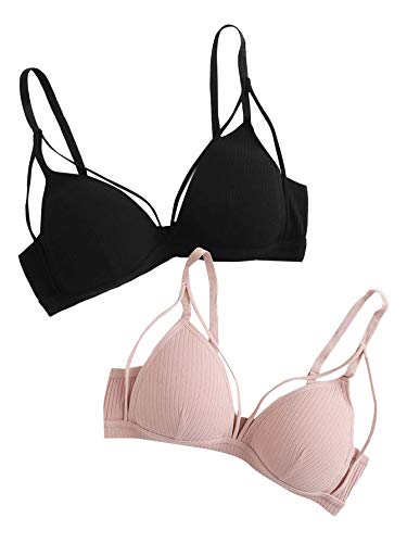 DIDK Damen 2 Pieces Gerippter BH Bra Set mit Gurt Klassische BHS Tops Bustier Top Set Bralettes Unterwäsche Dessous 2er Pack Schwarz + Rosa S von DIDK