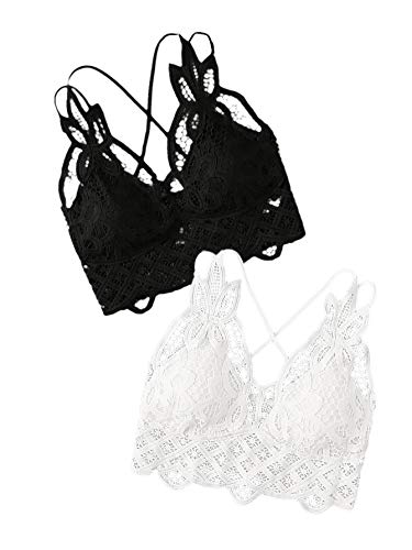 DIDK Damen 2 Stücke BH Set Bauchfrei Tops Sexy Spitze Cami Crop Bralettes Spitzentop Über Kreuz Bustiers 2 Packe BH Set mit Blumen Spitzen Schwarz Weiß L von DIDK