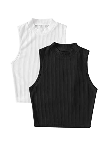 DIDK Damen 2 Stücke Crop Tank Top Stehkragen Croptop Basic Bauchfrei Oberteil 2-teiller Stricktops Sets Schwarz Weiß S von DIDK