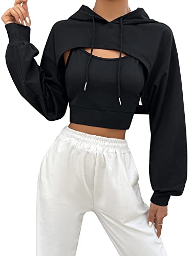 DIDK Damen 2 Stücke Super Crop Hoodie und Camitop Kapuzenpullover Cropped Kapuzensweatshirt mit Top 2-Teiller Sets Schwarz L von DIDK