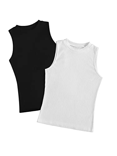 DIDK Damen 2 Stücke Tank Top Herbst Strick Untershirt Slim T-Shirt Ohne Ärmel Oberteil Basic Shirts mit Rundhals Schwarz Weiß XS von DIDK