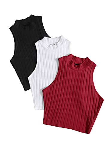 DIDK Damen 3 Stücke Crop Tank Top Bauchfrei Oberteil Basic Camisole Croptop 2-teiller Stricktops Sets mit Stehkragen Schwarz Weiß Bordeaux M von DIDK