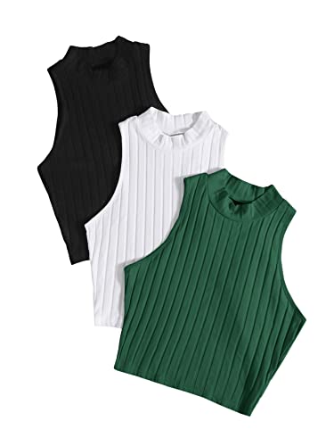 DIDK Damen 3 Stücke Crop Tank Top Bauchfrei Oberteil Basic Camisole Croptop 2-teiller Stricktops Sets mit Stehkragen Schwarz Weiß Grün L von DIDK