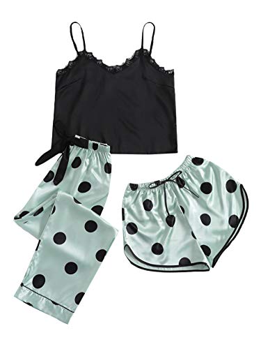 DIDK Damen 3 Stücke Satin Schlafanzug Set Polka Dots Schlafhose Short Sets Hosensets Träger Schlafshirt mit Spitzen Schwarz Grün L von DIDK