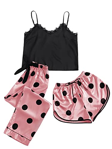 DIDK Damen 3 Stücke Satin Schlafanzug Set Polka Dots Schlafhose Short Sets Hosensets Träger Schlafshirt mit Spitzen Schwarz und Rosa L von DIDK