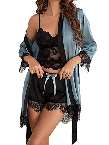 DIDK Damen 3 Stücke Sets Morgenmantel Kimono Dessous Set Satin 3-teiliges Set Spitze Robe BH und Unterhose für Braut Nachtwäsche Sexy Babydoll Reizwäsche Blau M von DIDK