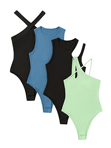 DIDK Damen 4 Stücke Bodysuits Ärmellos Body Rippenstrick Bodies Casual Tops Schwarz Blau Grün L von DIDK