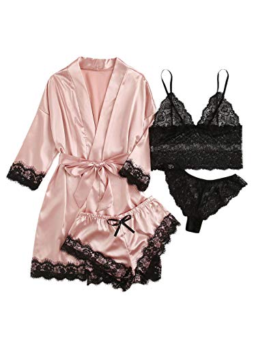 DIDK Damen 4 Stücke Sets Morgenmantel Kimono Dessous Set Satin Pajama Spitze Robe BH und Unterhose für Braut Nachtwäsche Sexy Babydoll Reizwäsche Baby Rosa Schwarz L von DIDK