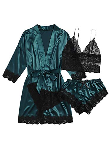 DIDK Damen 4 Stücke Sets Morgenmantel Kimono Dessous Set Satin Pajama Spitze Robe BH und Unterhose für Braut Nachtwäsche Sexy Babydoll Reizwäsche Dunkelgrün L von DIDK