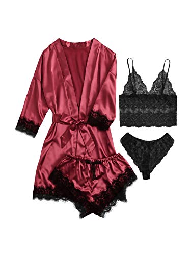 DIDK Damen 4 Stücke Sets Morgenmantel Kimono Dessous Set Satin Pajama Spitze Robe BH und Unterhose für Braut Nachtwäsche Sexy Babydoll Reizwäsche Rot Schwarz L von DIDK