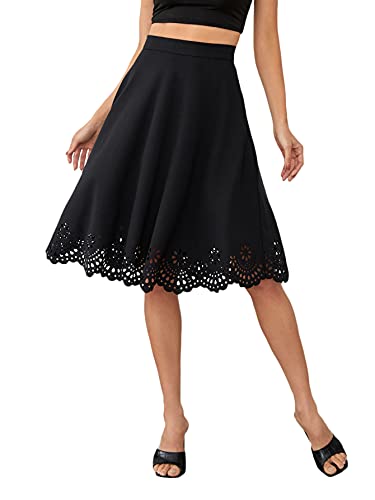 DIDK Damen A-Linie Elegant Faltenrock Hohe Taille Rock Knielang Rockabilly Vintage Retro Swing Röcke Sommerrock mit Cut Outs Schwarz Einfarbig L von DIDK