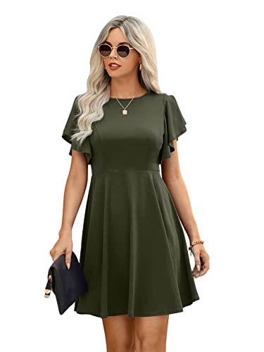 DIDK Damen A Linie Kleid Elegant Sommerkleid Schmetterlingsärmel Shortskleid Kielang Swing Stretchy Kleider Armeegrün L von DIDK