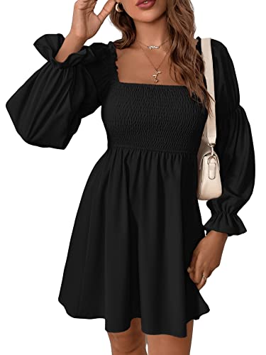 DIDK Damen A Linie Kleid U Ausschnitt Freizeitkleid Kurz Faltenkleid Skaterkleid Volant Ärmel Elegant Party Kleider mit Rüschen Schwarz L von DIDK