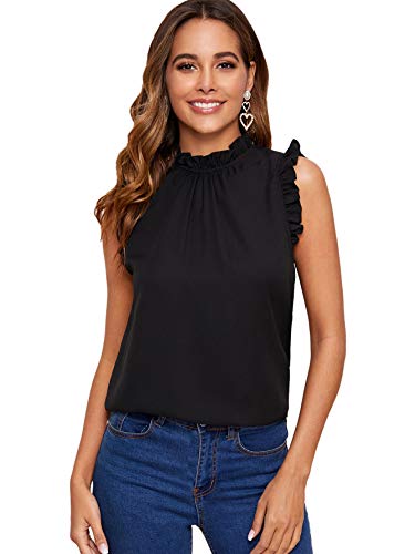 DIDK Damen Ärmelloses Top Stehkragen Blusen Rüschen Oberteile Shirts Elegant Tops Einfarbig Sommershirt Tank Bluse mit Raffung Schwarz L von DIDK