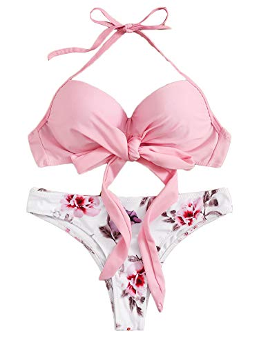 DIDK Damen Bademode Neckholder Push Up Bikini Set Zweiteilige Badeanzug Riangel Oberteil Bandeau Strandmode Sport Split Bikinihose Pink XL von DIDK