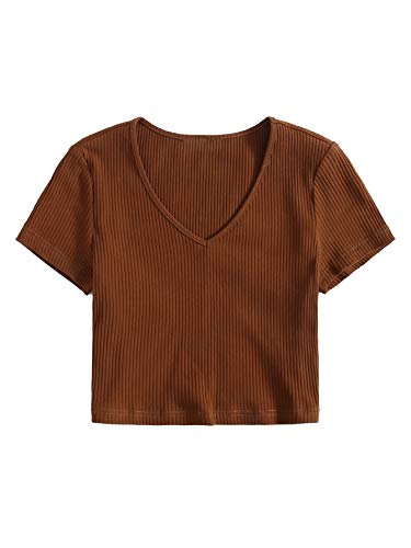 DIDK Damen Bauchfrei Crop T-Shirt V-Neck Oberteile Crop Top Kurzarmshirts Sommershirts Baumwolle Kurzarm Tops Shirts Kaffeebraun L von DIDK