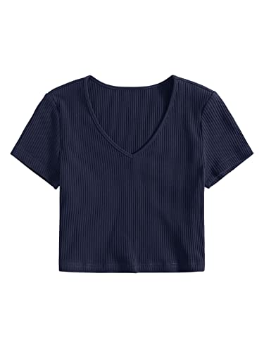 DIDK Damen Bauchfrei Crop T-Shirt V-Neck Oberteile Crop Top Kurzarmshirts Sommershirts Baumwolle Kurzarm Tops Shirts Marineblau L von DIDK