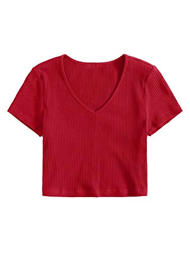 DIDK Damen Bauchfrei Crop T-Shirt V-Neck Oberteile Crop Top Kurzarmshirts Sommershirts Baumwolle Kurzarm Tops Shirts Rot L von DIDK