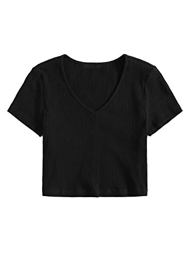 DIDK Damen Bauchfrei Crop T-Shirt V-Neck Oberteile Crop Top Kurzarmshirts Sommershirts Baumwolle Kurzarm Tops Shirts Schwarz L von DIDK