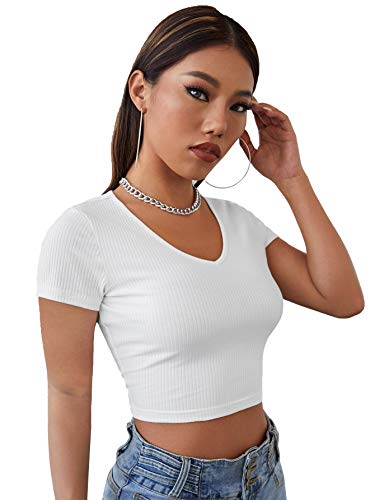 DIDK Damen Bauchfrei Crop T-Shirt V-Neck Oberteile Crop Top Kurzarmshirts Sommershirts Baumwolle Kurzarm Tops Shirts Weiß XS von DIDK