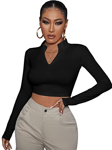 DIDK Damen Bauchfrei Oberteil Stehkragen T-Shirts Crop Top Langarmshirt Stretch Oberteil Langarm Tops Schwarz M von DIDK