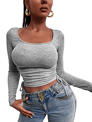 DIDK Damen Bauchfrei Top T-Shirts U Ausschnitt Crop Top Basic Langarm Oberteil mit Ziehbändchen Grau S von DIDK