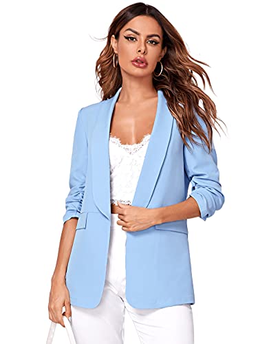 DIDK Damen Blazer Elegant 3/4 Arm Cardigan Open Front Casual Schalkragen Herbst Jacke Gerüscht Büro Blazers Baby Blau XL von DIDK