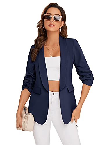 DIDK Damen Blazer Elegant 3/4 Arm Cardigan Open Front Casual Schalkragen Herbst Jacke Gerüscht Büro Blazers Marineblau L von DIDK